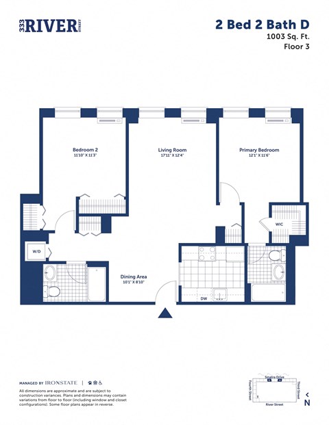 Floor plan for 2 beds, 2 baths, 1003 sqft